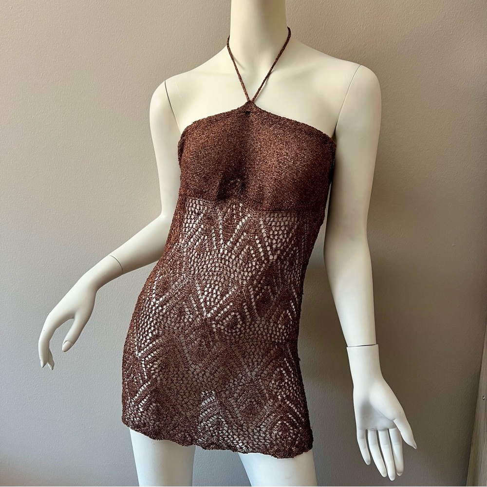 bebe Brown Crochet Halter Mini Dress